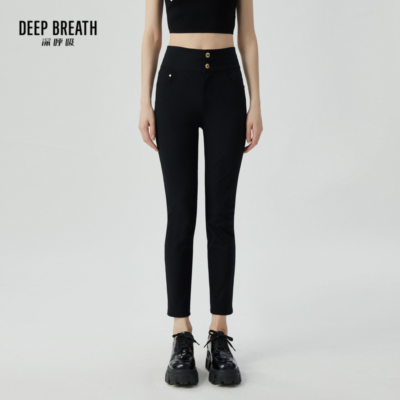 DEEP BREATH深呼吸女装 高腰黑色双腰头金扣四面弹小脚打底裤长裤8100060
