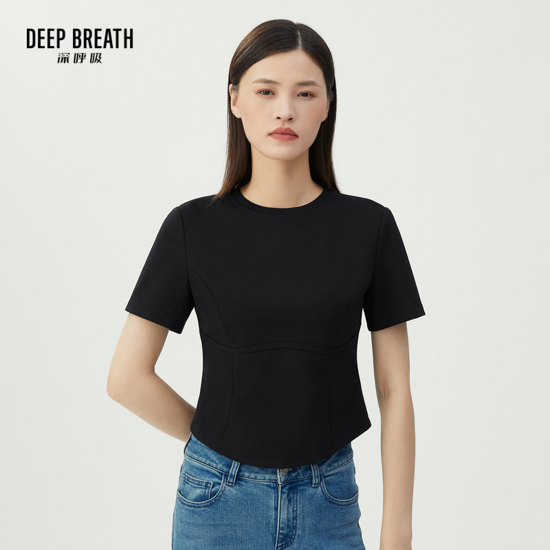 DEEP BREATH深呼吸女装 圆领短款弧度修身套头T恤8300133