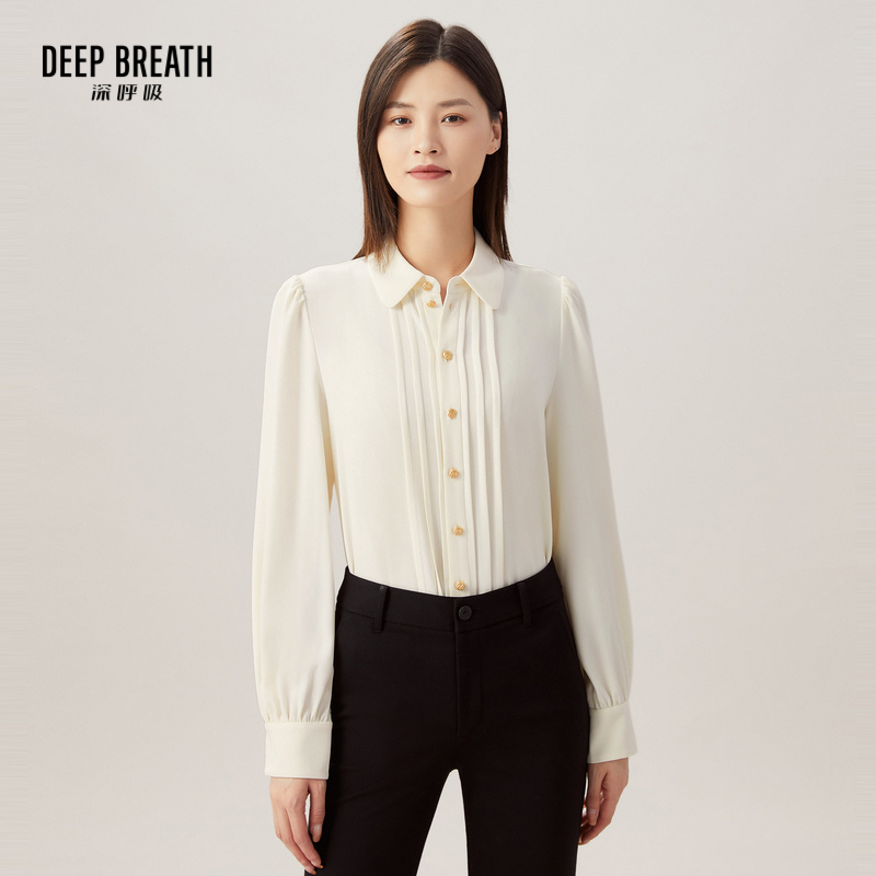 DEEP BREATH深呼吸女装 复古优雅琴褶泡泡袖气质衬衫8300139