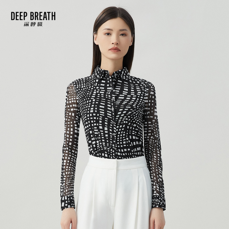 DEEP BREATH深呼吸女装 翻领修身弹力衬衫几何格衬衣打底衫8300140