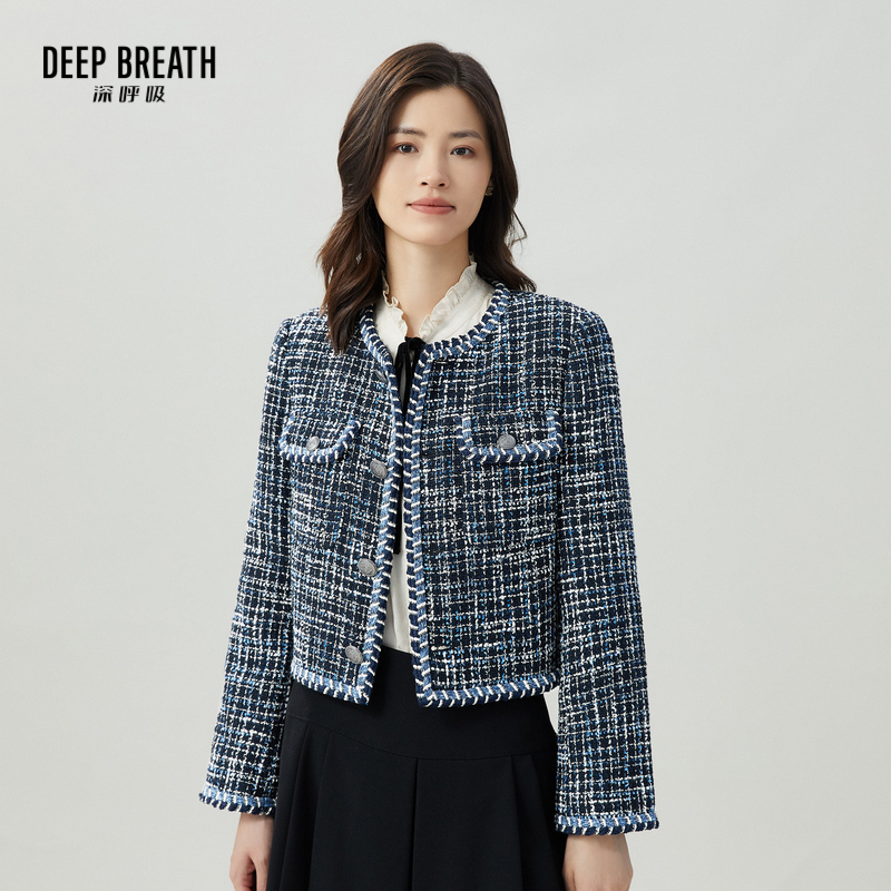 DEEP BREATH深呼吸女装 长袖圆领短款格纹小香风垫肩外套8400067