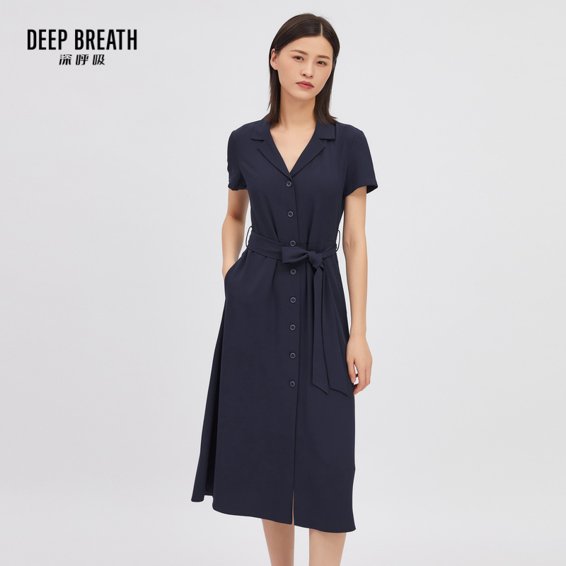 DEEP BREATH深呼吸女装 翻驳领高腰单排扣衬衫连衣裙附送腰带8500106