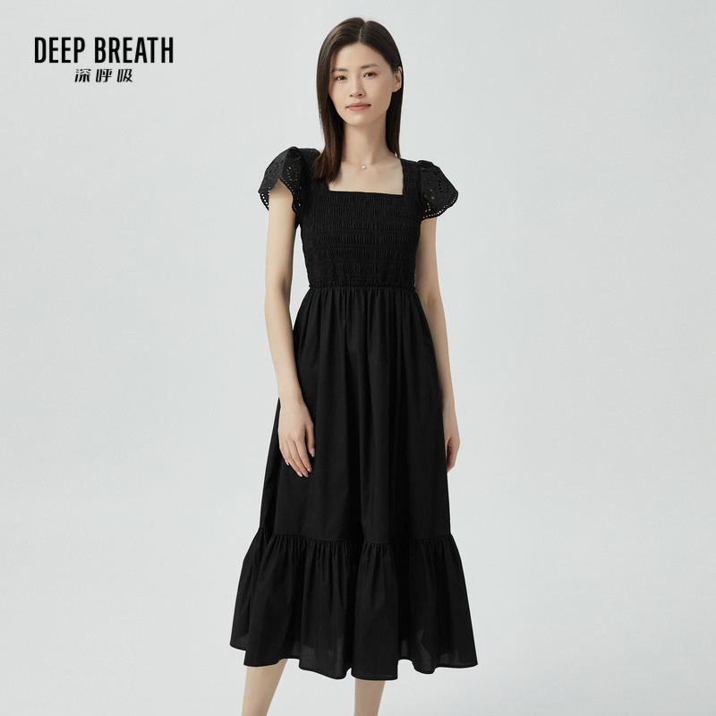 DEEP BREATH深呼吸女装 简约方领抽褶收腰洋装短袖连衣裙8500128
