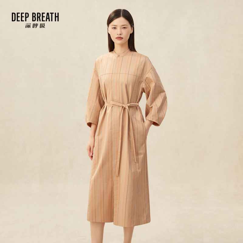 DEEP BREATH深呼吸女装 中长款小立领廓形条纹洋装连衣裙【附腰带】8500132