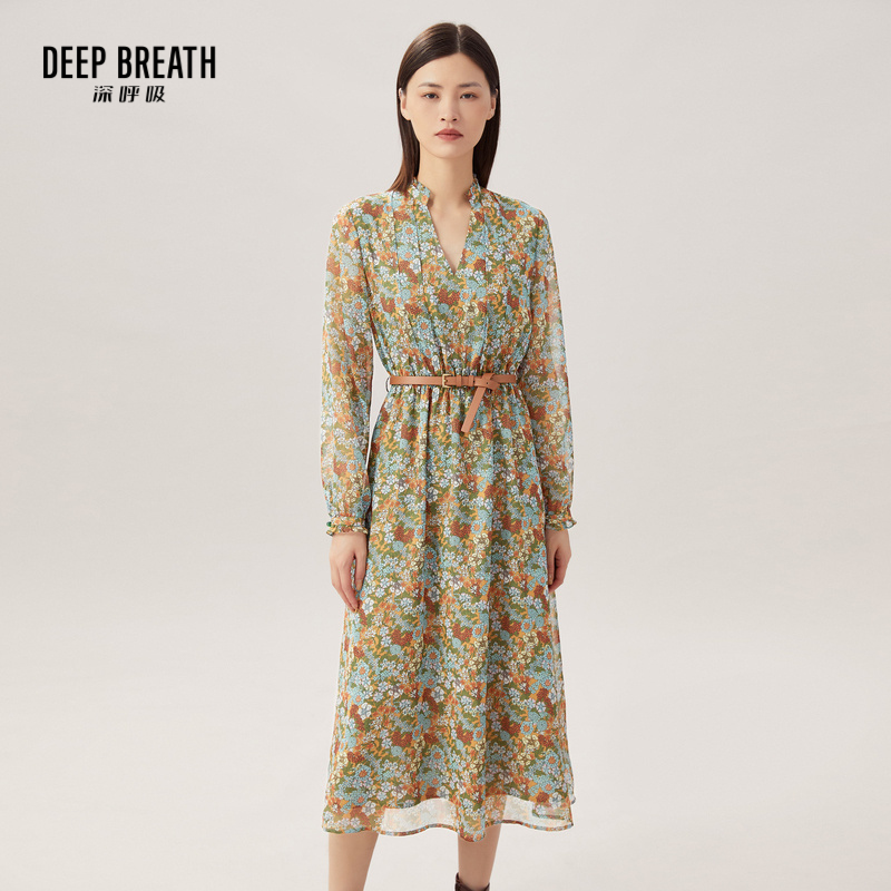 DEEP BREATH深呼吸女装 V领木耳边碎花洋装连衣裙【附腰带】8500137