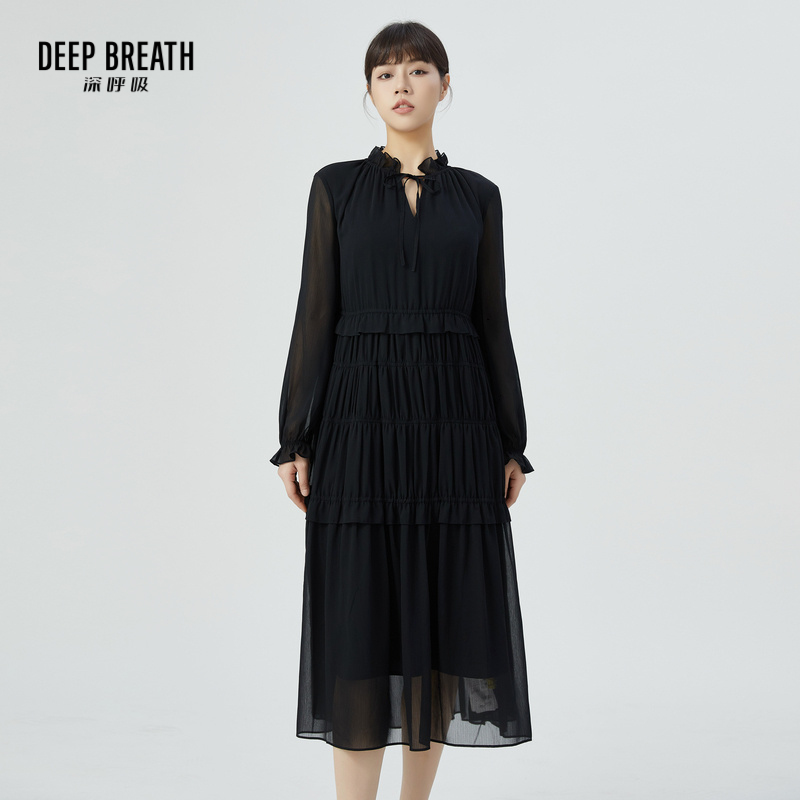 DEEP BREATH深呼吸女装 纯色高腰宽松木耳领洋装连衣裙8500147