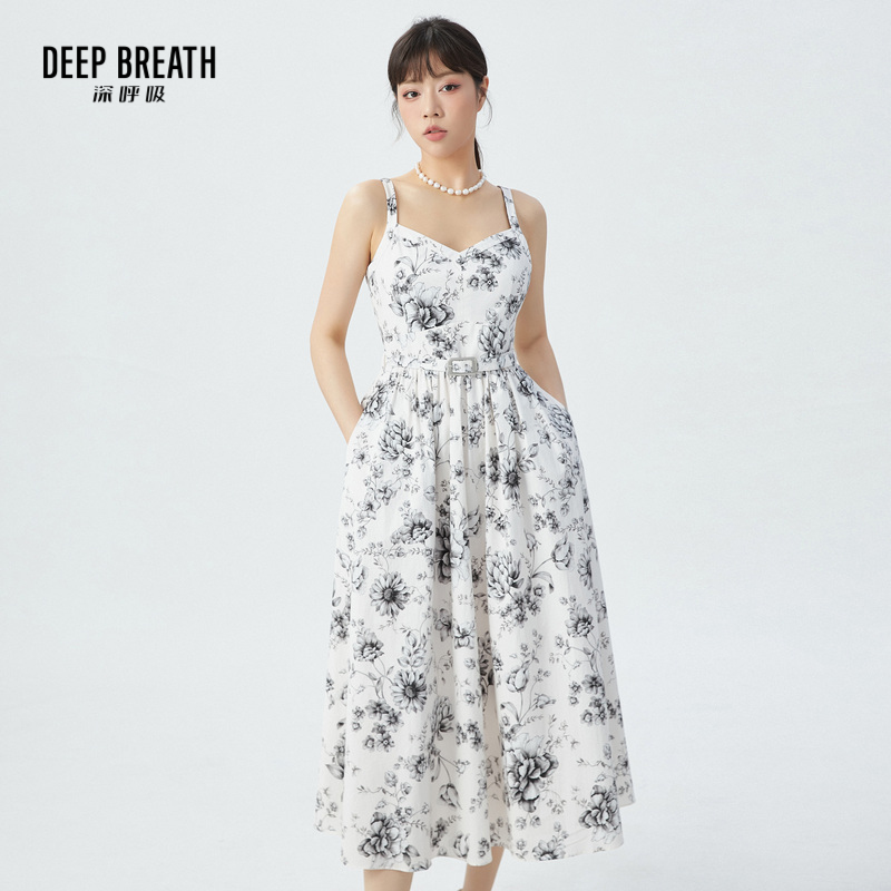 DEEP BREATH深呼吸女装 高腰a字吊带碎花连衣裙【附腰带】8500152