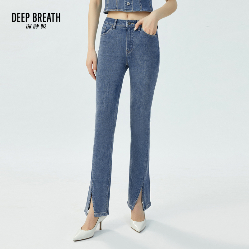 DEEP BREATH深呼吸女装 复古高腰前开叉微喇裤长裤牛仔裤A100127