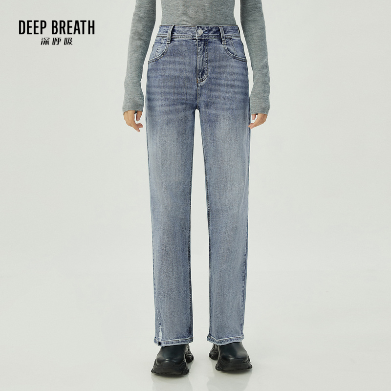 DEEP BREATH深呼吸女装 造型破洞小贴标直筒裤牛仔裤A100154