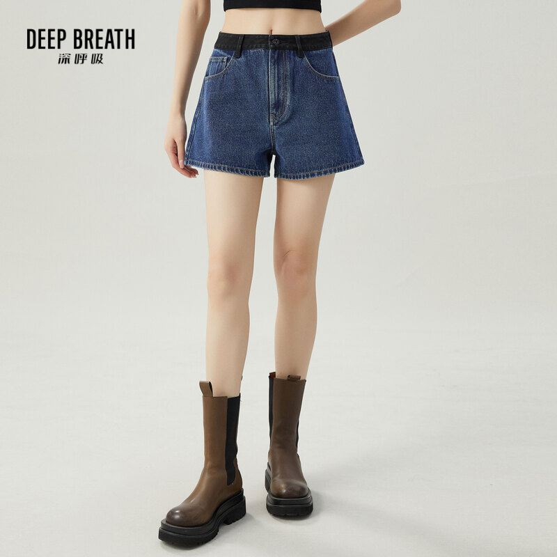 DEEP BREATH深呼吸女装 纯棉个性拼色后贴牌高腰牛仔短裤A100223