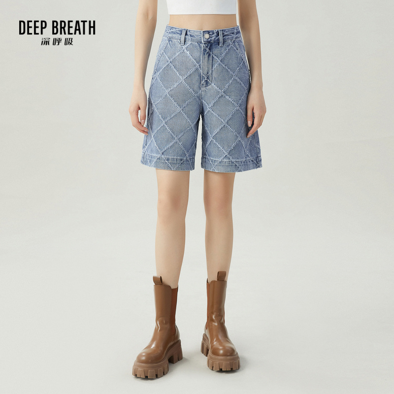 DEEP BREATH深呼吸女装 高腰休闲短裤菱格提花牛仔裤A100225