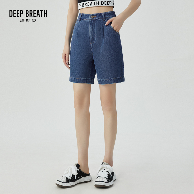 DEEP BREATH深呼吸女装 复古简约百搭高腰直筒牛仔裤中裤A100250