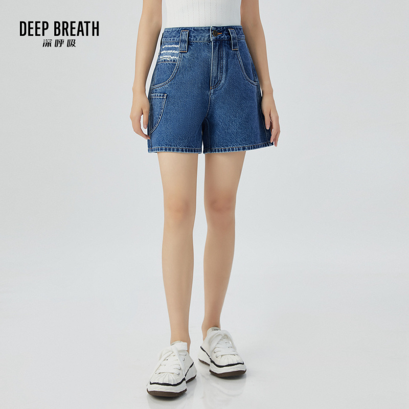 DEEP BREATH深呼吸女装 高腰直筒大口袋工装风牛仔短裤A100262
