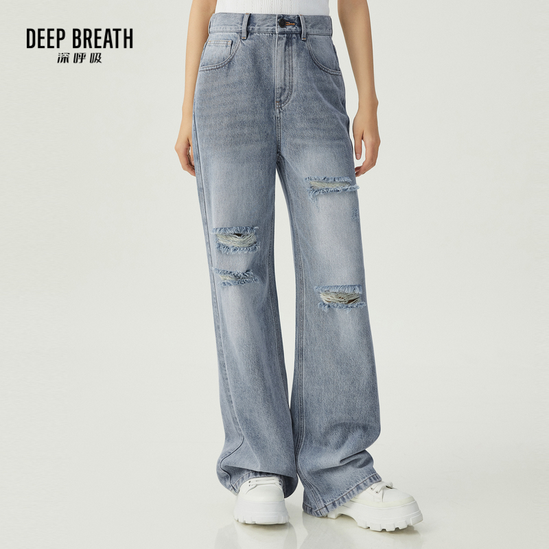 DEEP BREATH深呼吸女装 撞色口袋简约破洞高腰直筒牛仔裤A100294