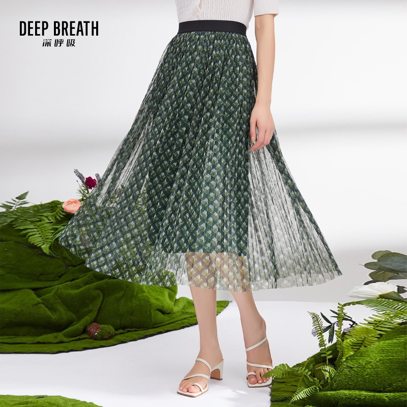 DEEP BREATH深呼吸女装 中腰绿格百褶半身裙A200136