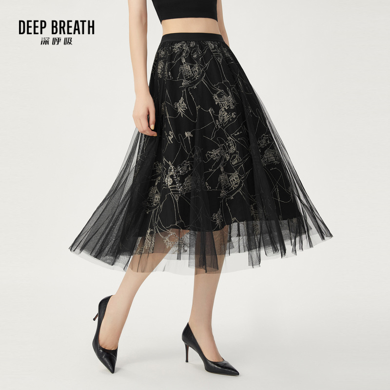 DEEP BREATH深呼吸女装 高腰松紧腰绣珠纱半身裙A200184