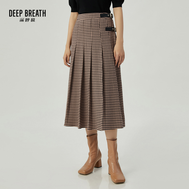 DEEP BREATH深呼吸女装 复古百褶格纹半裙中长款高腰伞裙A200231