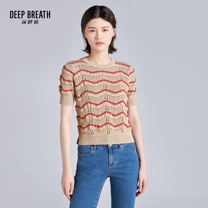 DEEP BREATH深呼吸女装 圆领拼色镂空短袖针织衫A300496