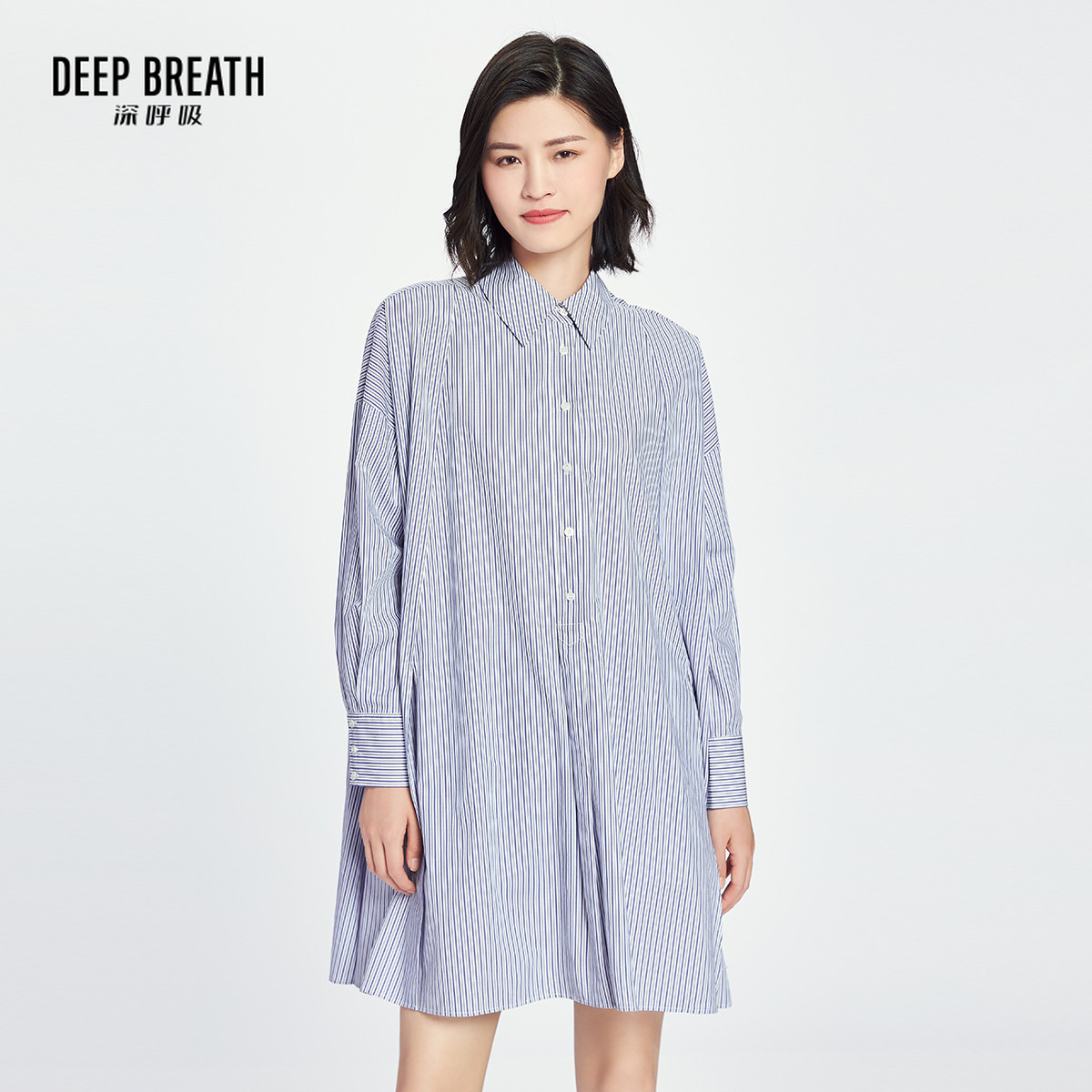DEEP BREATH深呼吸女装 长袖廓形条纹侧开衩衬衫A300611