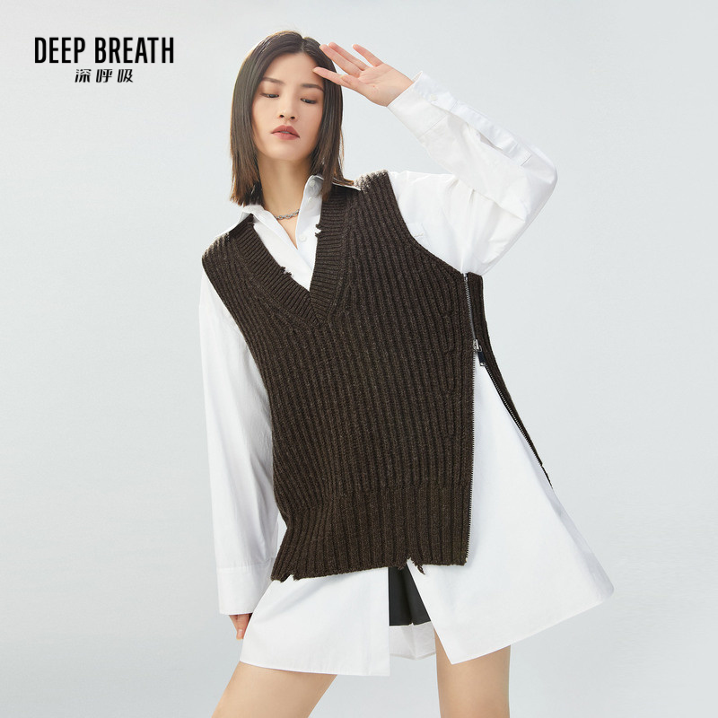 DEEP BREATH深呼吸女装 V领破洞拉链造型廓形羊毛马甲针织衫A300988