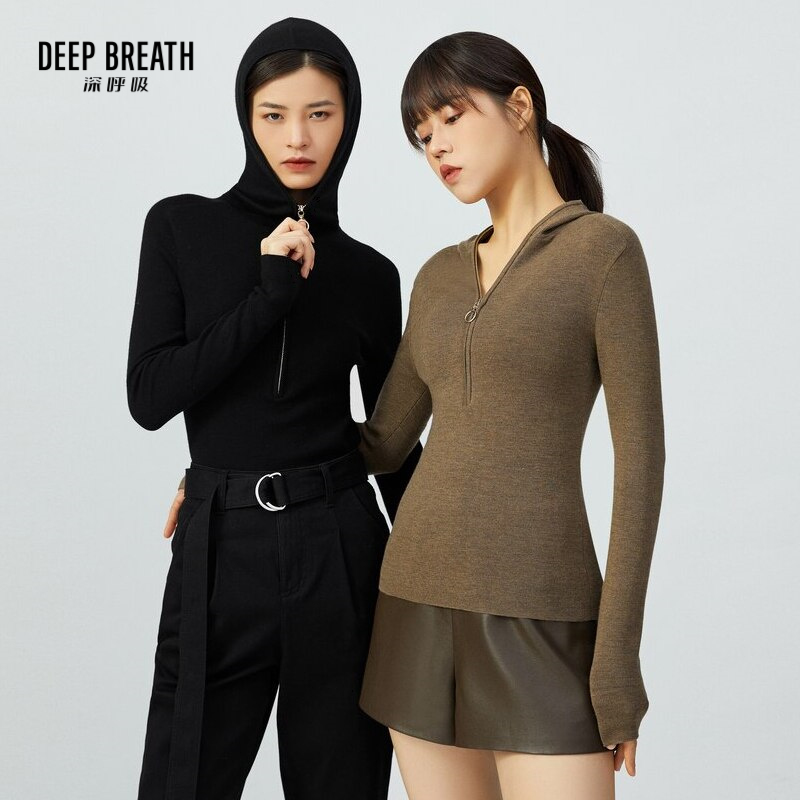 DEEP BREATH深呼吸女装 造型连帽半拉链竖坑条羊毛针织衫A301001