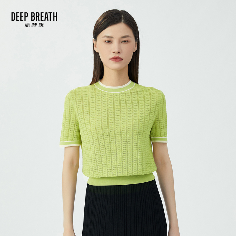 DEEP BREATH深呼吸女装 圆领拼色暗纹小香短袖针织衫A301013