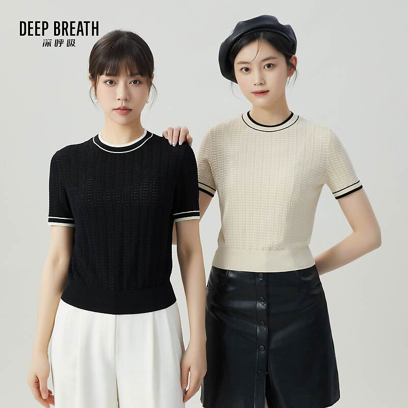 DEEP BREATH深呼吸女装 圆领拼色暗纹小香短袖针织衫A301013