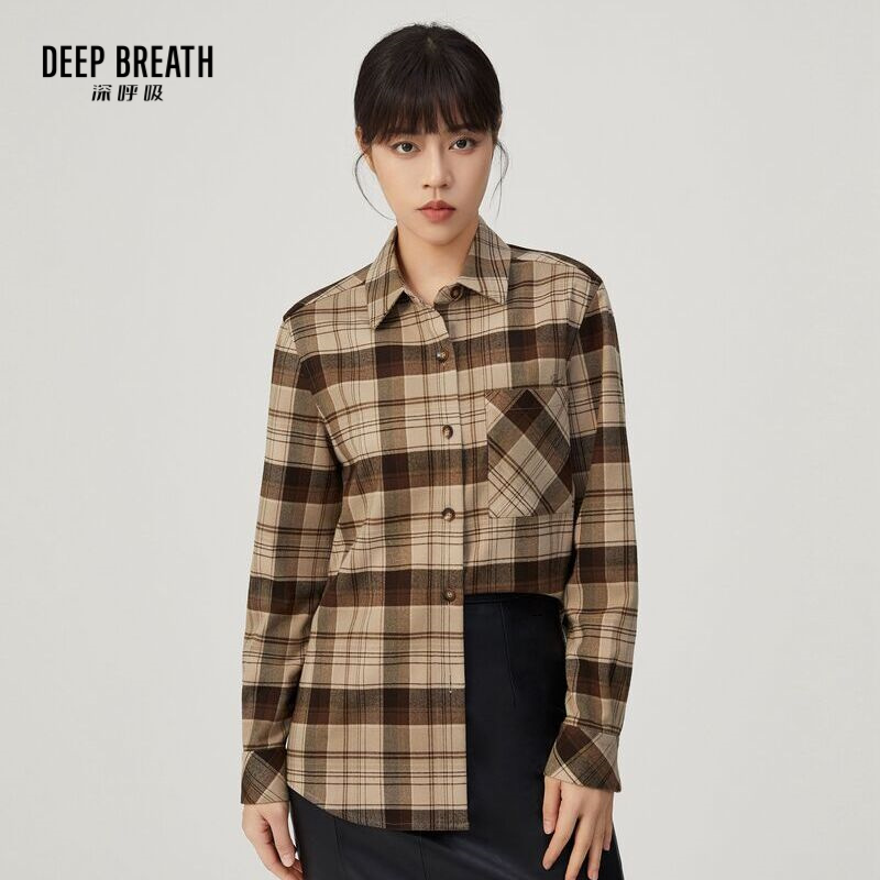 DEEP BREATH深呼吸女装 长袖格子复古格纹女士衬衫A301103