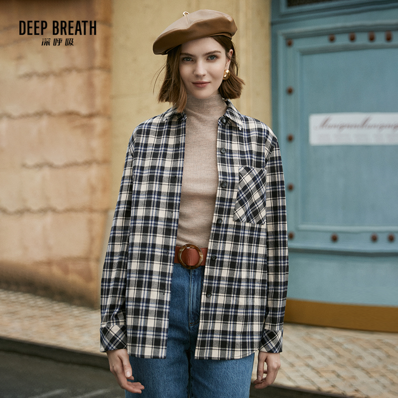 DEEP BREATH深呼吸女装 长袖格子复古格纹女士衬衫A301103