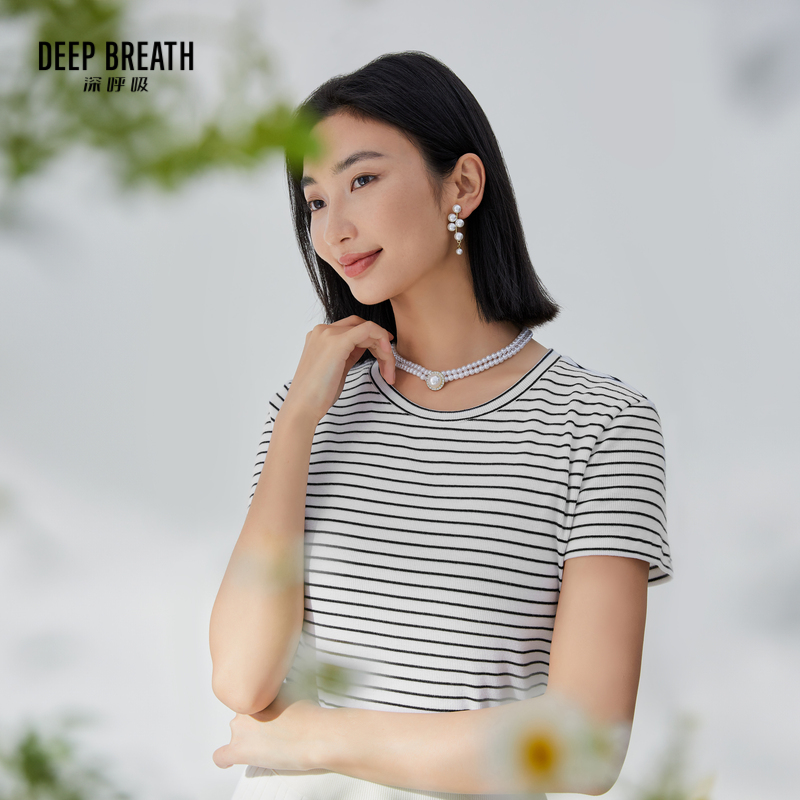 DEEP BREATH深呼吸女装 休闲简约短袖套头圆领条纹T恤A301158