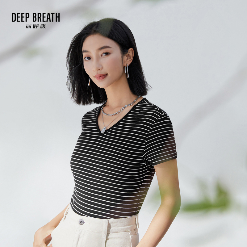 DEEP BREATH深呼吸女装 简约V领修身条纹短袖休闲T恤A301159
