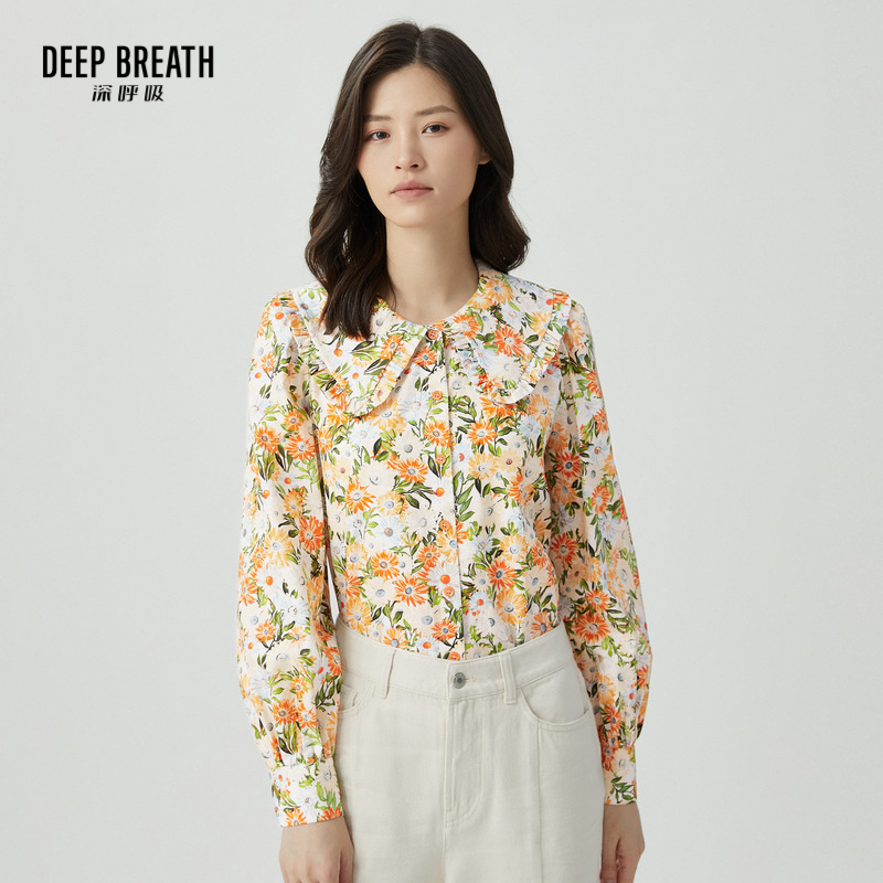 DEEP BREATH深呼吸女装 纯棉娃娃领复古造型衬衫花色衬衣A301168