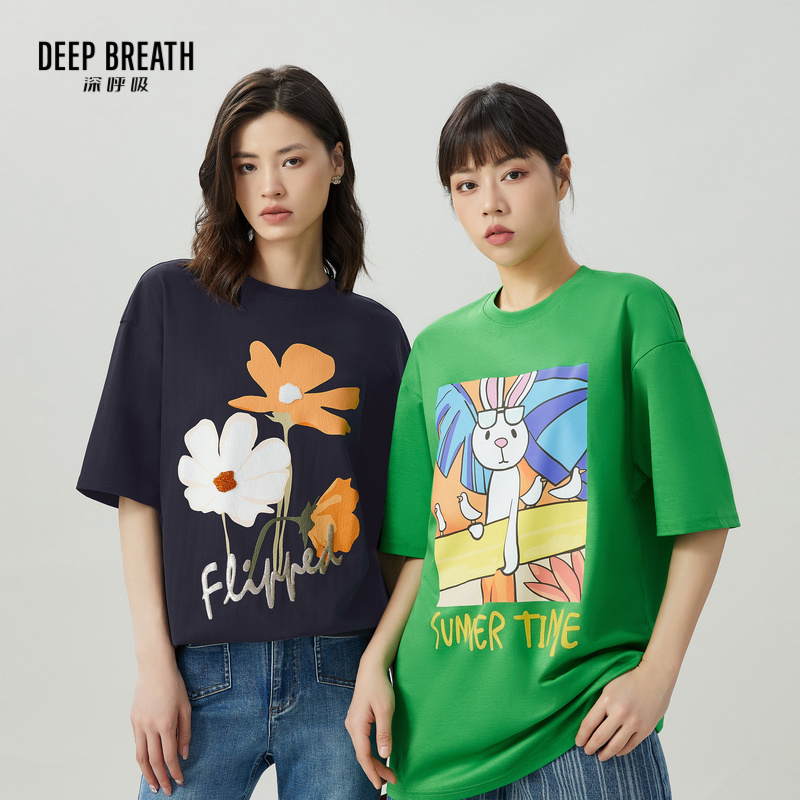 DEEP BREATH深呼吸女装 简约圆领图案宽松短袖休闲T恤A301187