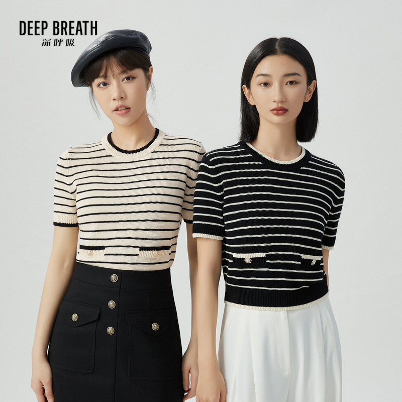DEEP BREATH深呼吸女装  短款条纹装饰袋针织衫短袖上衣A301192