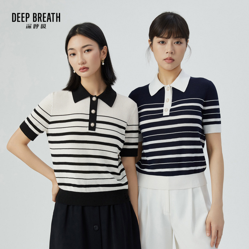DEEP BREATH深呼吸女装  纯棉拼色条纹POLO领短袖针织衫  A301198