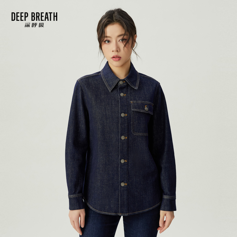 DEEP BREATH深呼吸女装 金属扣单口袋牛仔衬衫翻领上衣A301229