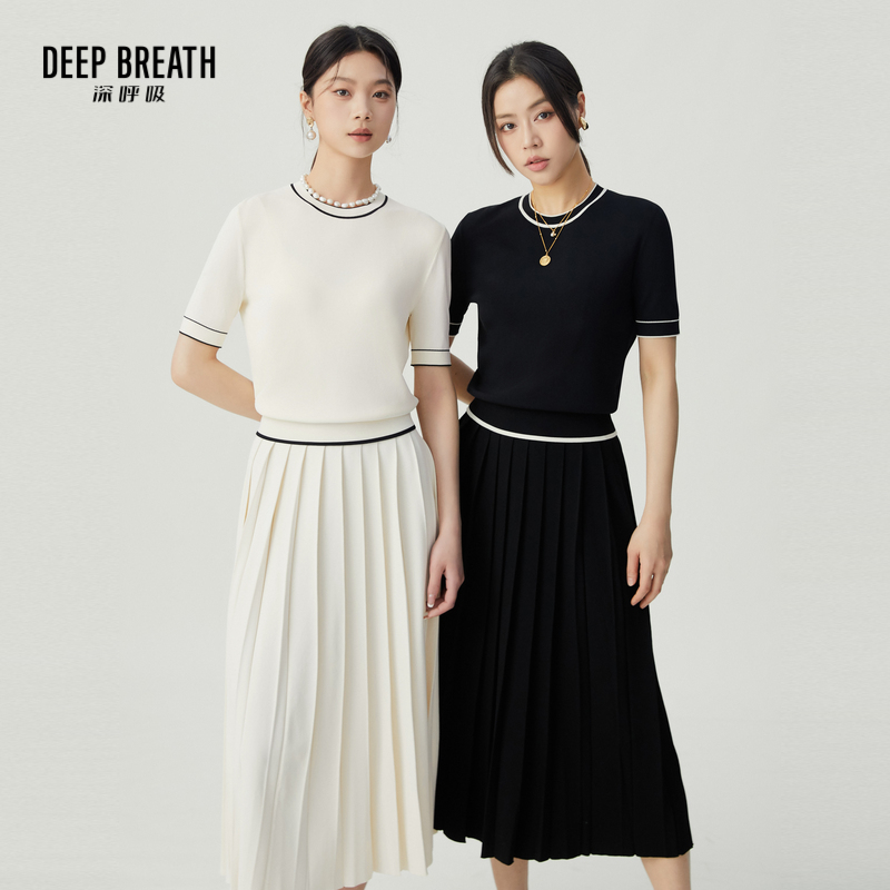 DEEP BREATH深呼吸女装 拼色针织衫百褶半裙套装A301272-A200214