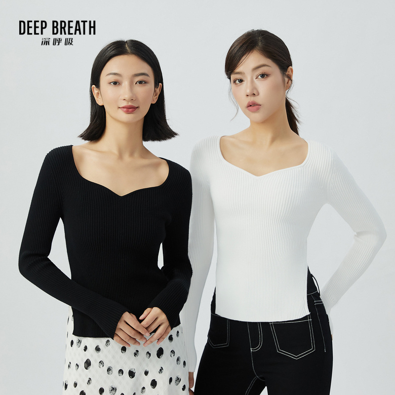DEEP BREATH深呼吸女装 纯色长袖桃心方领后腰弧度针织衫A301286