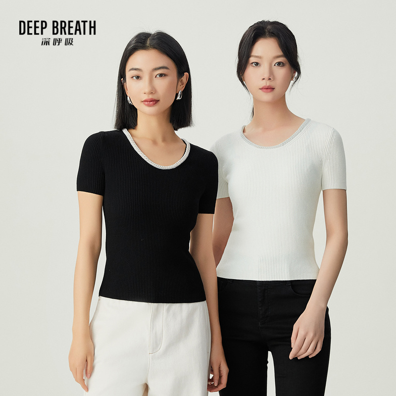 DEEP BREATH深呼吸女装 精致U领链条短袖针织衫修身上衣A301305