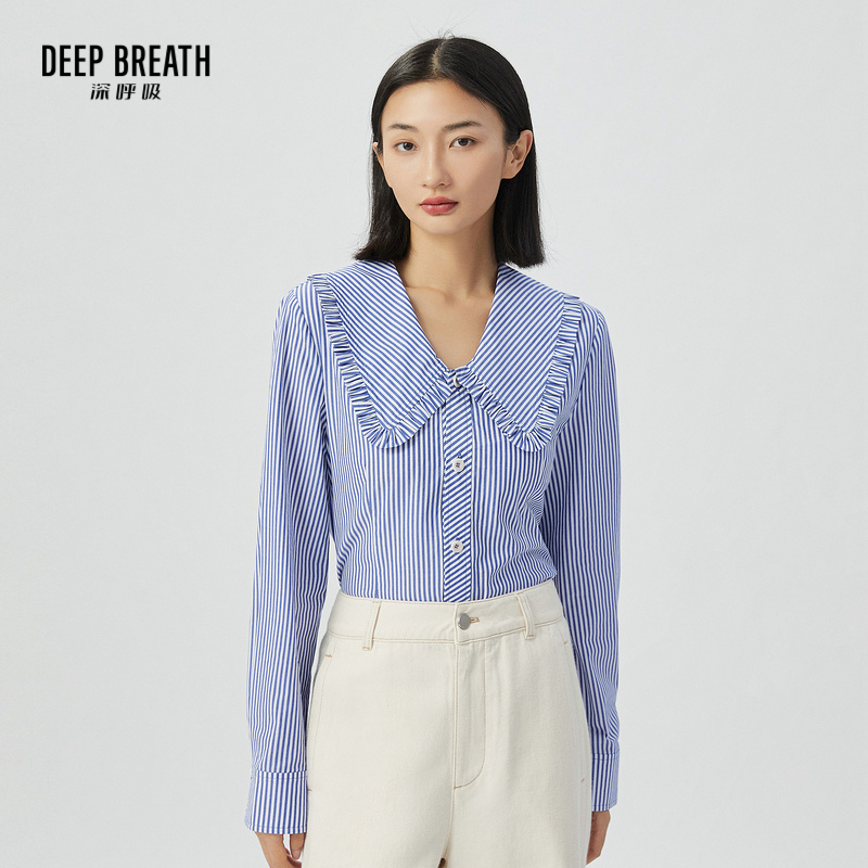 DEEP BREATH深呼吸女装 简约长袖条纹娃娃领衬衫上衣  A301312