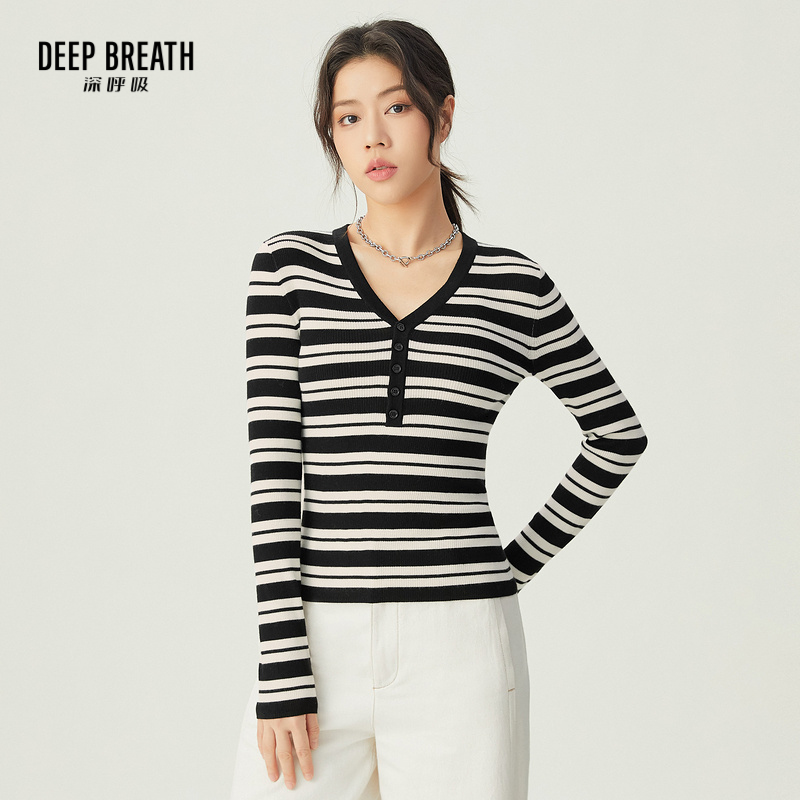 DEEP BREATH深呼吸女装 V领条纹拼色针织打底上衣纯羊毛针织衫A301321