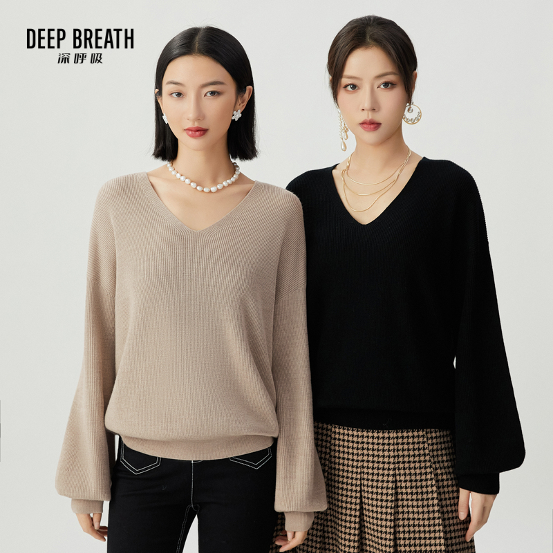 DEEP BREATH深呼吸女装 羊毛V领坑条水滴袖套头针织毛衣A301338