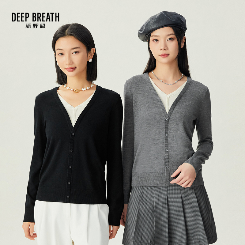 DEEP BREATH深呼吸女装 简约V领假两件拼色羊毛针织衫上衣A301339