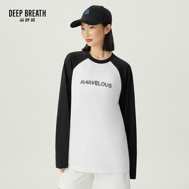 DEEP BREATH深呼吸女装 休闲圆领熊猫字母宽松长袖T恤上衣A301348