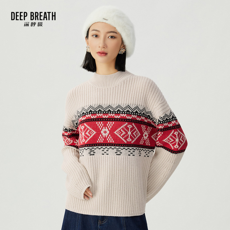 DEEP BREATH深呼吸女装 羊毛烟管领拼色提花几何图形套头针织毛衣A301366