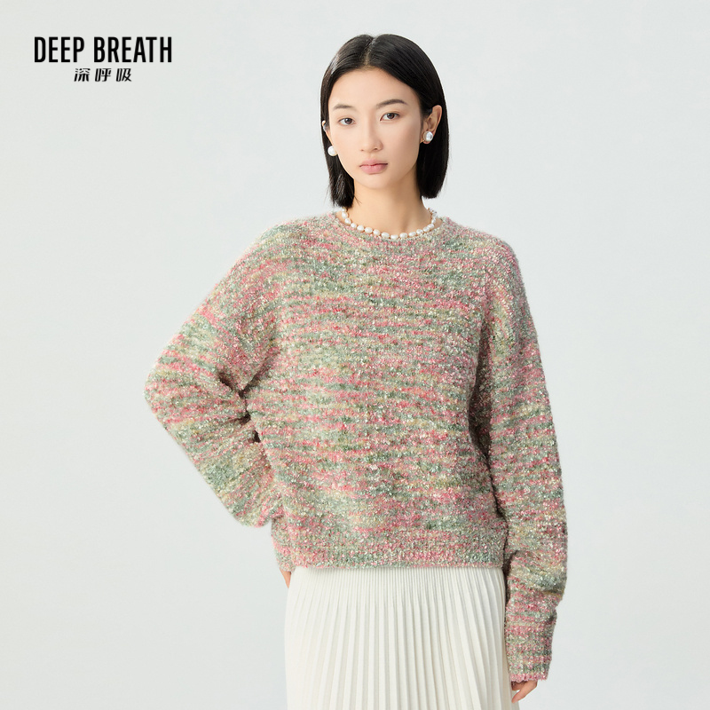 DEEP BREATH深呼吸女装 圆领蝴蝶纱长袖套头针织衫A301372