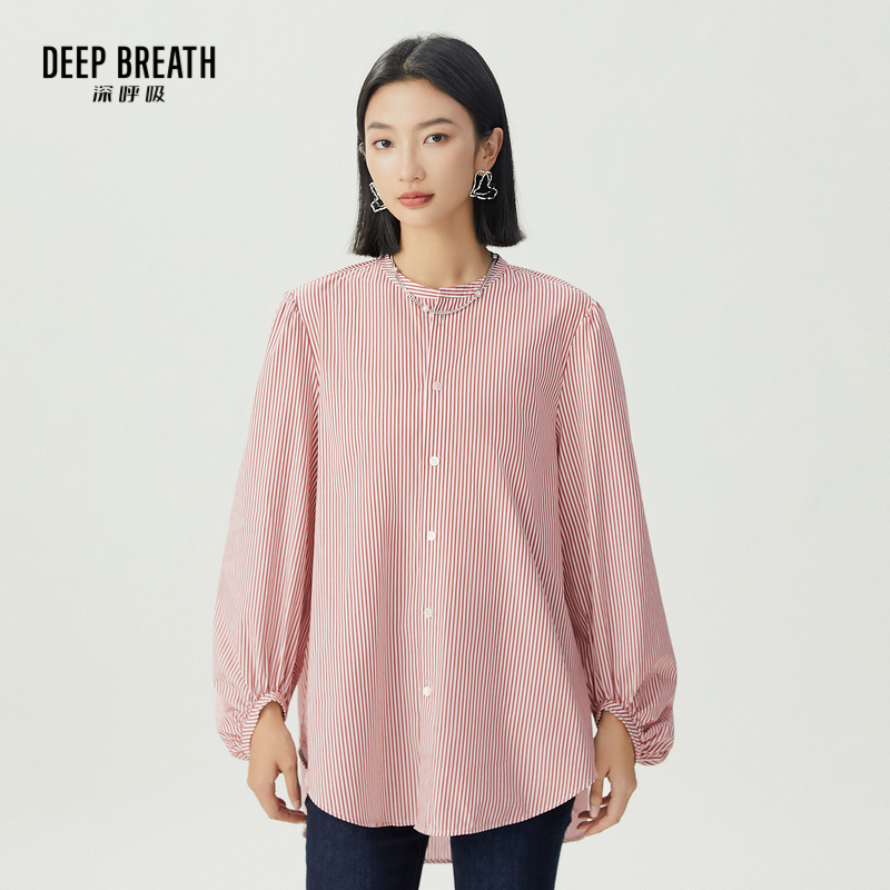 DEEP BREATH深呼吸女装 休闲圆领灯笼袖廓形宽松条纹衬衫A301381
