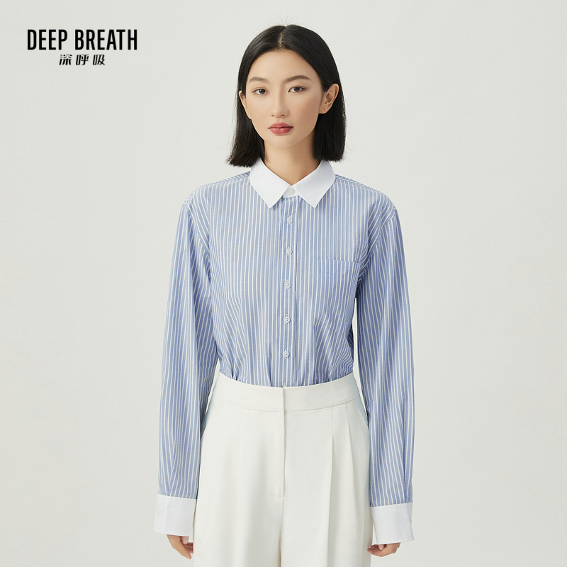 DEEP BREATH深呼吸女装 翻领造型纯棉衬衫条纹拼色上衣A301382