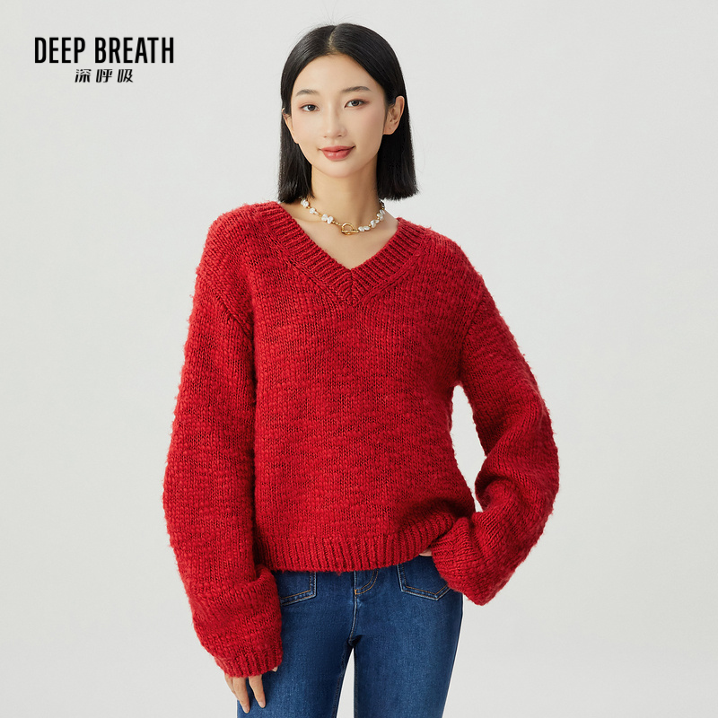 DEEP BREATH深呼吸女装 V领造型袖套头羊毛针织衫上衣A301392