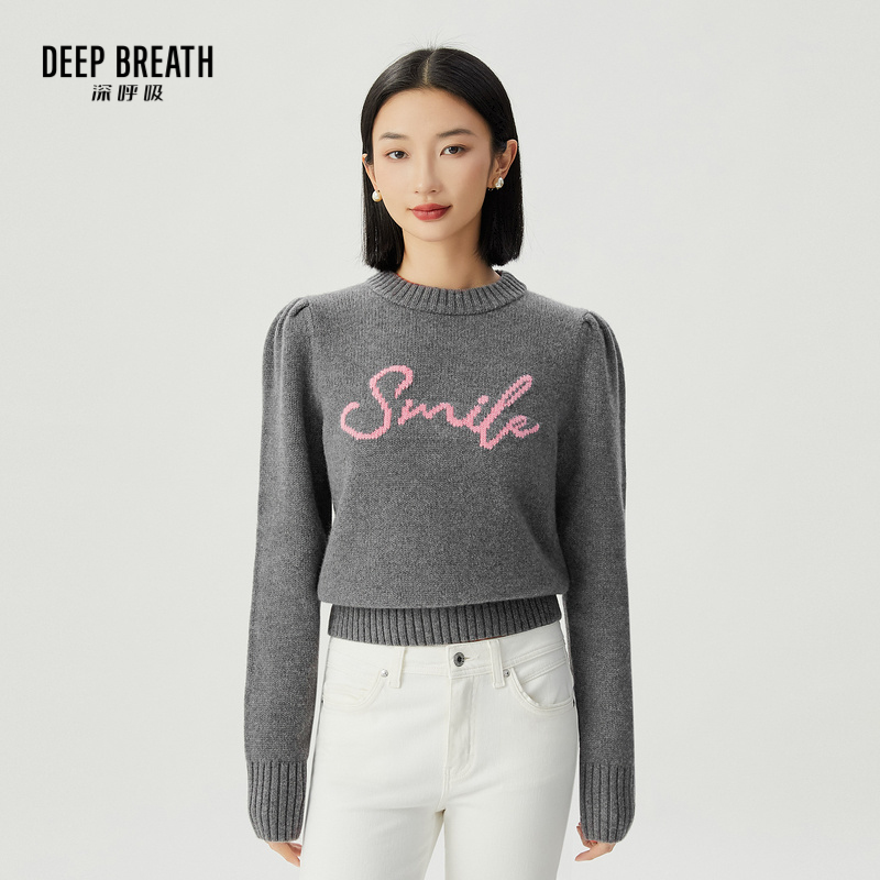 DEEP BREATH深呼吸女装 圆领泡泡袖字母羊毛针织衫上衣A301407